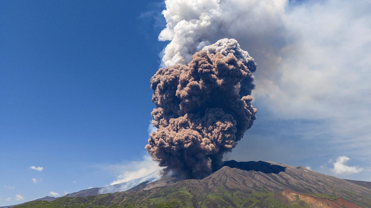 Drone footage captures Mount Etna cable car amid volcanic landscape