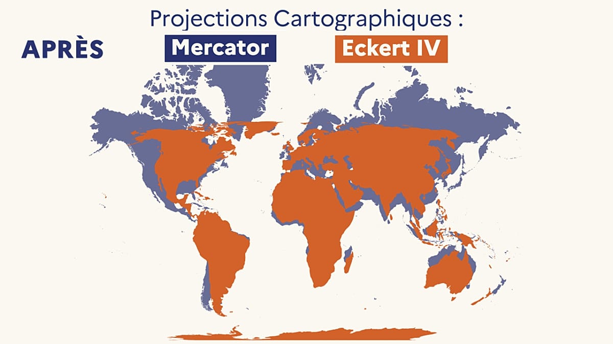 France swaps Mercator for Eckert IV to show true continent sizes