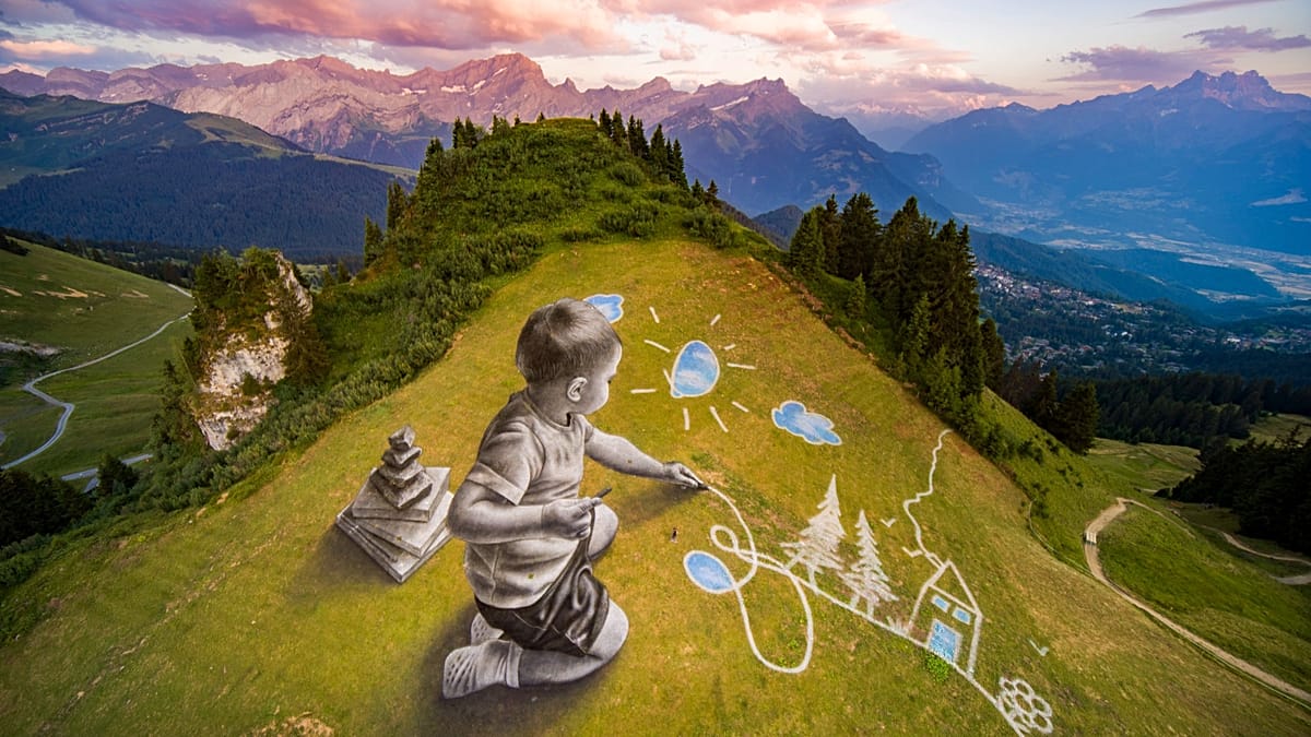 French artist Saype's giant grass frescoes fade in Swiss Alps
