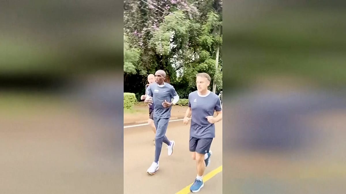 Macron Jogs with Marathon Legend Kipchoge in Nairobi, Thanks Him for Patience