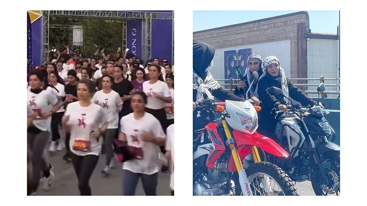 Tehran's split screen: unveiled marathon runners and regime's armed rally