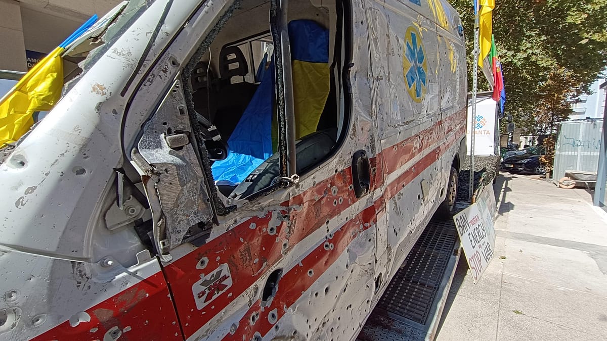 War-scarred ambulance parked outside Russian embassy in Lisbon
